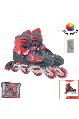 Vr1 - Metal 2+2 Işıklı 3in1 Ayarlanabilir Çocuk Pateni 2+1+1 / 2+2 Silikon Tekerli Uç Korumalı Kırmızı