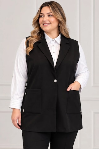 Lady Majestic Kadın Büyük Beden Şık Viskon Yelek Klasik Yaka Düğmeli Cep Detaylı Yelek Siyah