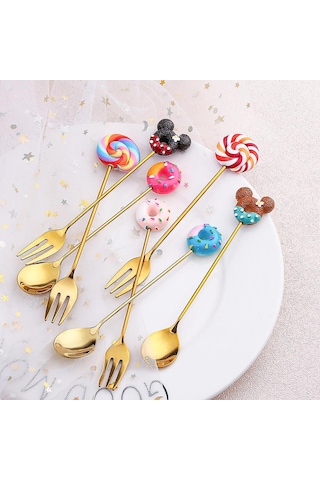 Küçük Kaşık Tatlı Çatalı Donut Kaşığı Lolipop Makaron Kaşığı Küçük Kaşık Fare Başlığı