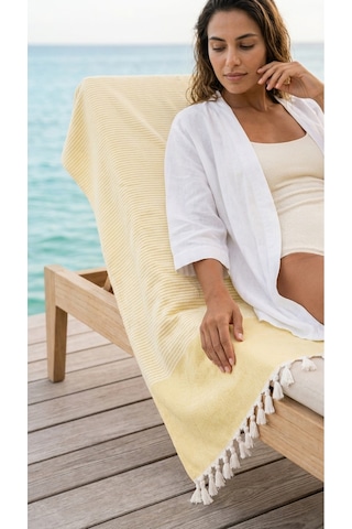 Calmera Çizgili Peştemal Pamuk - Doğal Saçaklı Plaj, Deniz, Havuz, Spa, Sauna, Spor, Seyahat Havlu Sarı