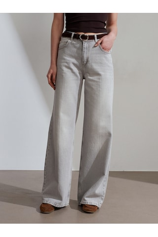 Dilvin 72288 %100 Pamuk Kemerli Wide Leg Jean-gri Gri