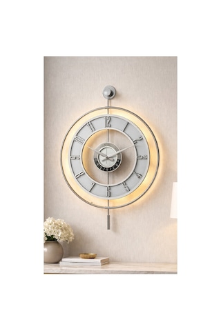 Pey Aksesuar Metal Camlı Duvar Saati Krom Statık 50 X 70cm Orta Boy Işıklı M51-kromgrı-şeffaf-beyaz-gümüş Gri
