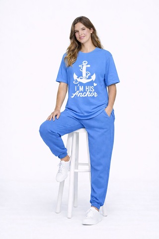 Sevgili Kombini Oversize Çift Tişört Unisex Captain Anchor Baskıl Mavi