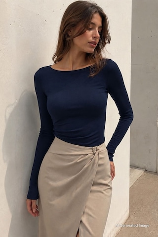 Madmext Lacivert Kayık Yaka Uzun Kollu Kadın Bluz Mg2267