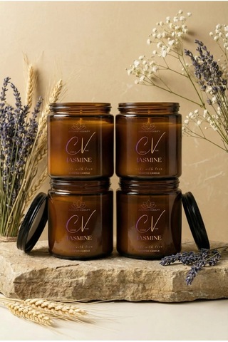 4 Lü Amber Cam Kavanoz Aromaterapi Mum Seti Yasemin Kokulu %100 Doğal Soya Wax Kapaklı 100 Cc Amber