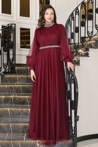 Senna Taş Detaylı Büyük Beden Şık Tesettür Abiye Bordo