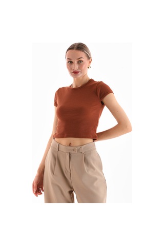 Kadın Likralı Kısa Kol Crop Bluz Kahve