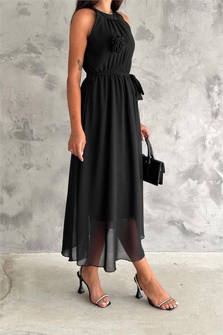 Kadın Astarlı Sıfır Kol Şifon Elbise Dpnbk2144 Siyah