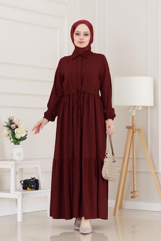 Sevitli Gömlek Yaka Beli Tünelli Sare Elbise-bordo-5067 Bordo