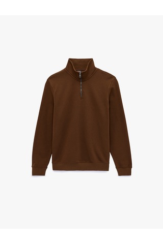 Koton Uzun Kollu Şardonlu Basic Yarım Fermuarlı Sweatshirt Kahverengi 6wam70016mk Kahverengi