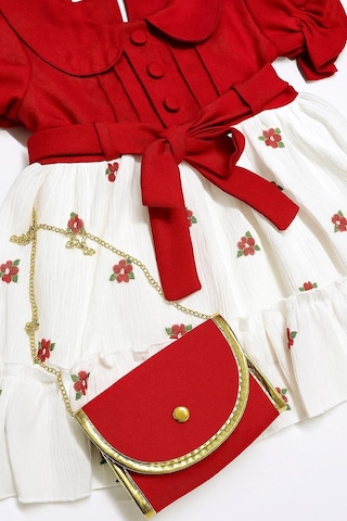 Çantalı Çiçekli Kız Çocuk Elbise Kırmızı