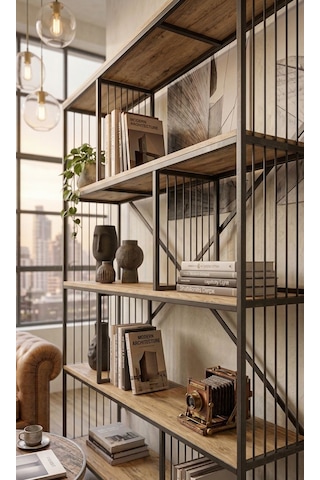 Dekoratif Lüx 5 Raflı Kitaplık Geniş Metal Kitaplık Dosya Rafı Ofis Salon Raf Ceviz