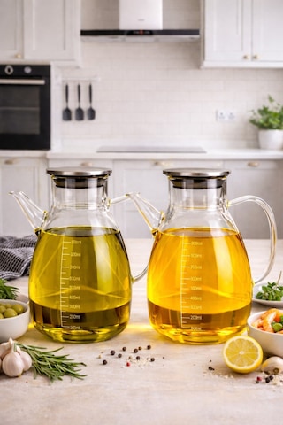2li Slikon Ağızlık Metal Kapak Borosilikat Yağdanlık 1000 Ml Şeffaf