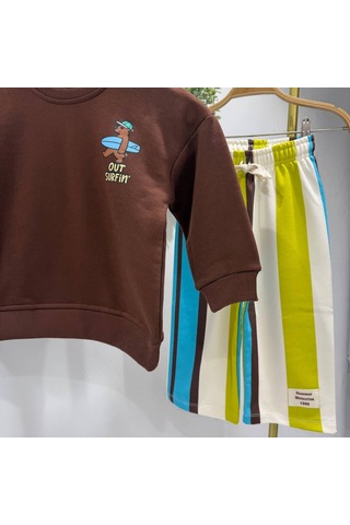 Out Surfin Baskılı Sweatshirt Çizgili Nakış Detaylı Eşofman Unisex 3ip Alt Üst Takım Kahverengi
