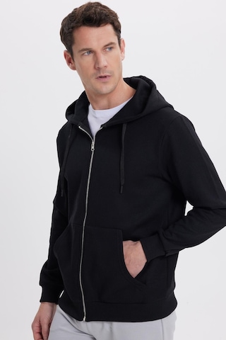 Tudors Unisex Relax Fit Rahat Kesim Pamuklu İçi Polarlı Çift Cepli Tam Fermuarlı Siyah Kapüşonlu Sweatshirt-41645 Siyah