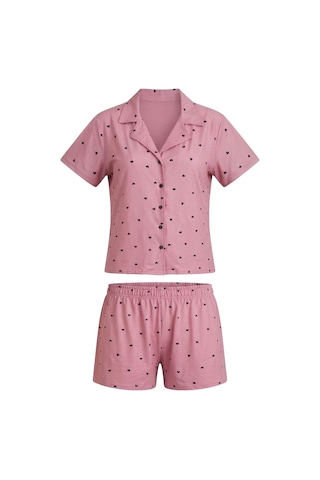 Cottonhill Pembe Kalp Desenli Yumuşak Dokulu Gömlek Yaka Kadın Şortlu Pijama Takımı Gül Pembe