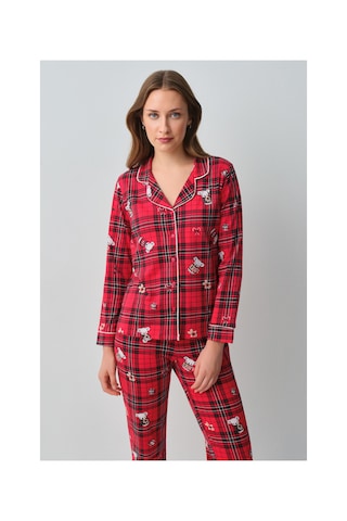 Suwen Koalina Pamuklu Gömlek Yaka Pijama Takımı Wsh10510222957 Kırmızı