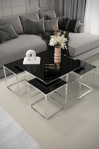 4+1 Gümüş Kaplama Siyah Ayna Orta Sehpa