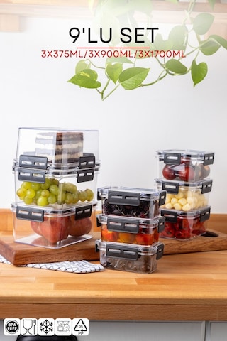 Nandy Home Set Kilit Kapaklı Dikdörtgen Clear Saklama Kabı Seti 9'lu - 375-900-17000 ML Beyaz