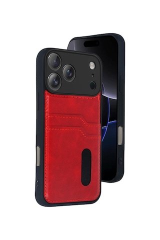 Apple İphone 17 Pro Uyumlu Deri Kartvizitli Kartlıklı Premium Telefon Kılıfı Kapak Kırmızı