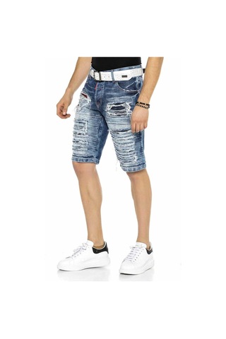 Ck219 Erkek Vintage Destroyed Yırtık Yamalı Kot Kapri Mavi