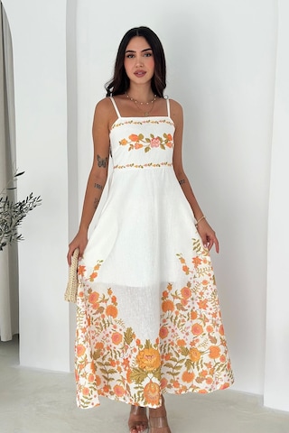 Asprin Fashion Keten Kumaş Çicek Desenli Elbise Beyaz
