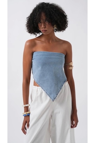 Defymoda Bağlamalı Denim Crop Mavi