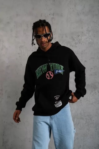 Veraura Lifestyle Erkek Baskılı Kapüşonlu Sweatshirt - Siyah