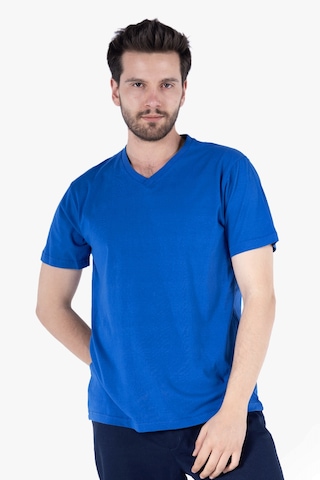 T-shirt V Yaka %100 Pamuk Saks Mavi