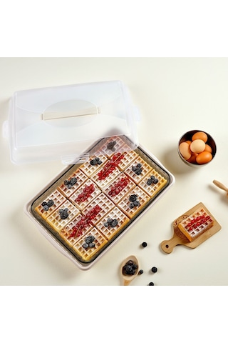 Dikdörtgen Kek Pasta Börek Saklama Kabı, Kilitli Borcam Taşıma Kabı Büyük Boy 45cm Beyaz