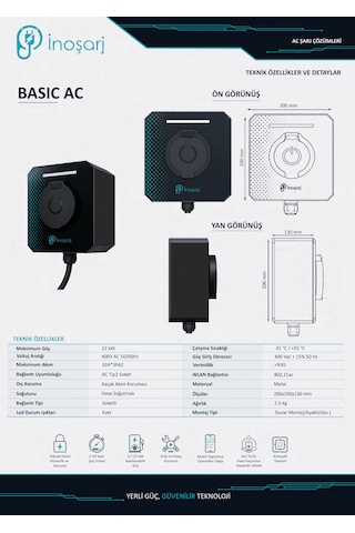 İnoşarj Basic Ac 22 Kw Wi Fi Type 2 Soketli Elektrikli Araç Şarj İstasyonu