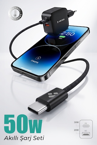 50w Çift Portlu Usb-c Girişli Akıllı Hızlı Şarj Adaptör Kablo Seti - Pd Ve Qc Destekli