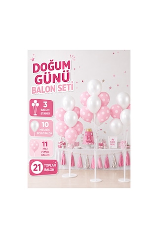 21 Balonlu Doğum Günü, Kutlama, Parti Balon Seti - 3 Adet Balon Standı - 21 Balon Adet Balon - Parti Süsleme - Bebek Partileri Beyaz - Pembe