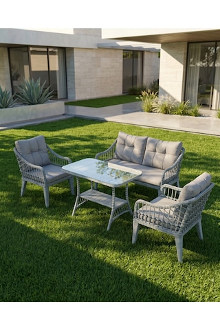 Kaş 2+1+1+sehpa Bahçe Balkon Mobilyası,gri Rattan/gri Kumaş Gri