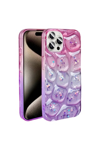 Apple Uyumlu iPhone 15 Pro Kılıf Simli 3d Desenli Zore Hacar Kapak Pembe-mor