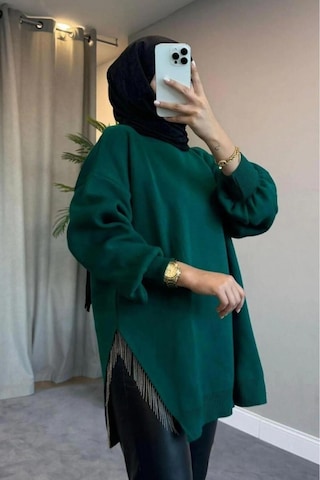 De Pose Yarı Zincirli Tesettür Triko Kazak Yeşil