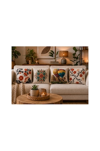 4'lü Dekoratif Kırlent Kılıfı Seti - Sıcak Hava Balonu, Çiçek Ve Mandala Desenli 43x43 Cm, Dijital Baskı, Gizli Fermuar Çok Renkli Çok Renkli