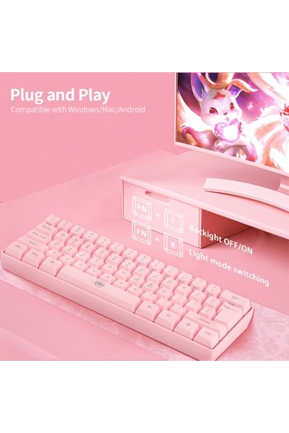 61 Tuşlu Kablosuz Klavye Bt+2.4g Çift Modlu Klavye Rgb Arka Aydınlatma Efekti Abs İki Renkli Enjeksiyon Kalıplama Tuş Takımı Pembe