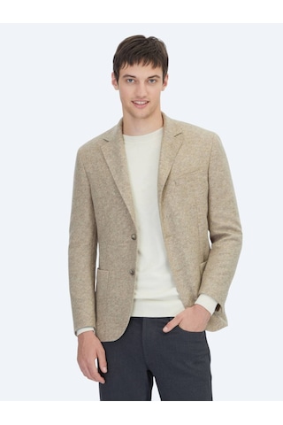 Kip Bej Desenli Modern Fit Yün Karışımlı Örme Ceket Bej