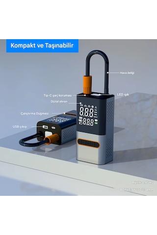 4000 Mah Şarjlı Taşınabilir Araba Lastik Hava Top Şişirme Pompası Led Işıklı Dijital Hava Kompresörü Metalik Gri