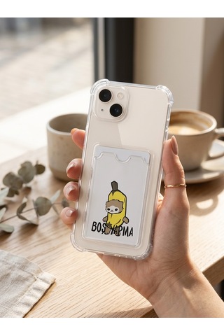 Hepsi Apple iPhone Uyumlu 14 Boş Yapma Muz Detaylı Kart Bölmeli Şeffaf Telefon Kılıfı Najmaddin Çok Renkli