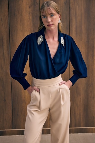 Sateen Aksesuar Detaylı Bodysuit Bluz - Lacivert-136194 Lacivert