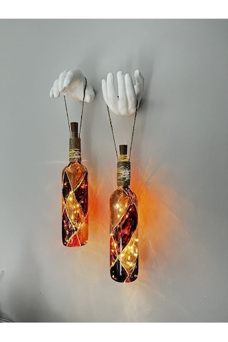 Heykel El Dekorlu Led Işıklı Kahverengi Vitray Cam Şarap Şişesi A Çok Renkli