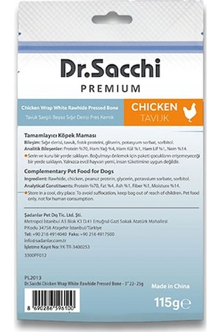 Dr.sacchi Premium Tavuk Sargılı Beyaz Sığır Derisi Pres Kemik Tahılsız Köpek Ödülü 3 5li 115 Gr 109-30010.01