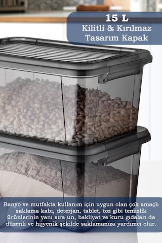2'li Mega 15l Un Bakliyat Erzak Kabı - Kilitli Kapaklı Banyo Düzenleyici Deterjanlık Saklama Kutusu Siyah