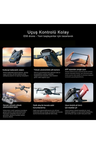 Piha E58 DRONE Yeni Fırçasız Motor 2 Batarya İle 30 DK Uçuş Süresi Hd 720p Çift Kameralı Taşıma Çantalı