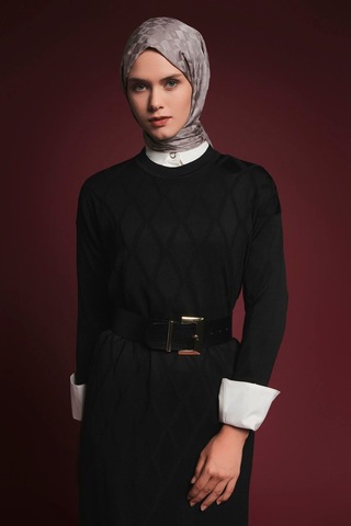 Armine Trend Baklava Desenli Triko Elbise Siyah 25ytd957
