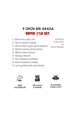 Dw Eea388 Akülü 9 Lu Set Power Bank Ve Led + Kırıcı Delici Matkap + Avuç Taşlama + Somun Sıkma + Vidalama + Sunta Kesme + Dekupaj + Budama Testeresi + Budama Makası