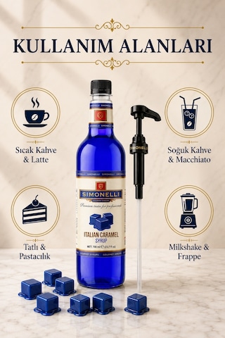 Simonelli İtalyan Karamel Aromalı Kahve ve Tatlı Şurubu 700 ML + Şurup Pompası - Latte Frappe Sıcak Soğuk Kahve Aromalandırıcı