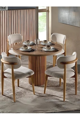 Boho İskandinav Natural Ahşap Masa Sandalye Takımı 90x90 Ceviz